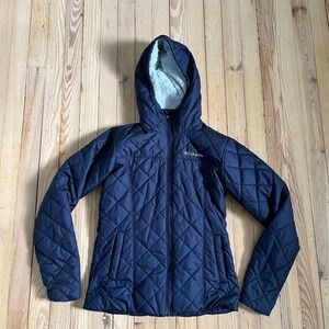 Columbia Quilted Hooded Jacket Womens XS Navy Blue Fleece‎ Lined Puffer Coat